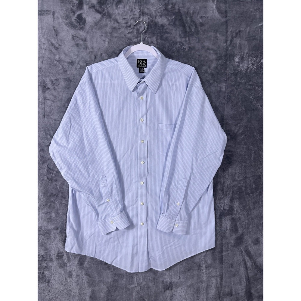 Jos. A. Bank Mens 17.5 34 Blue White Pinstripe Traveler Tailored Fit Dress Shirt